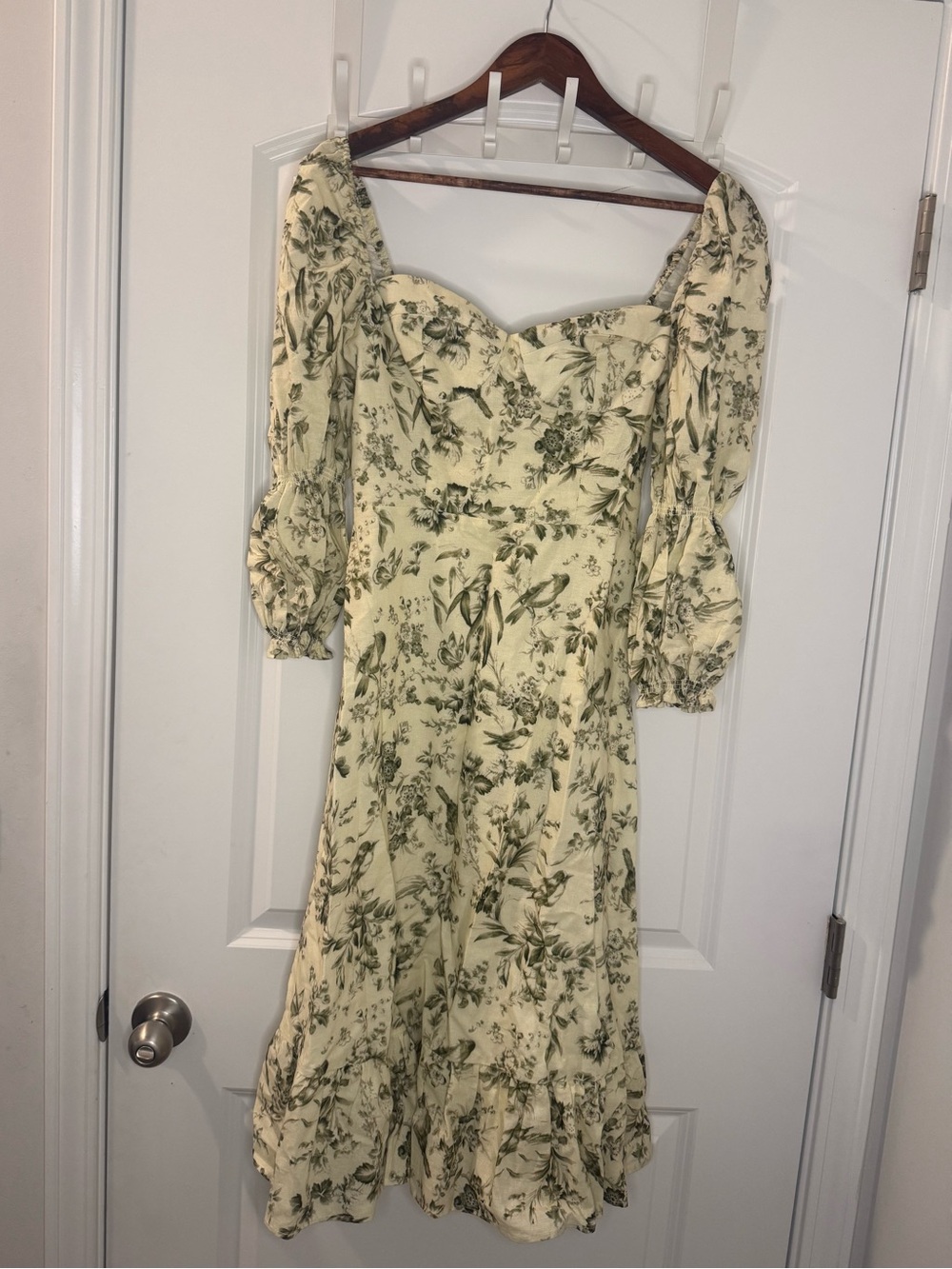 Luxe Cream Midi Dress with Green Botanical Print
